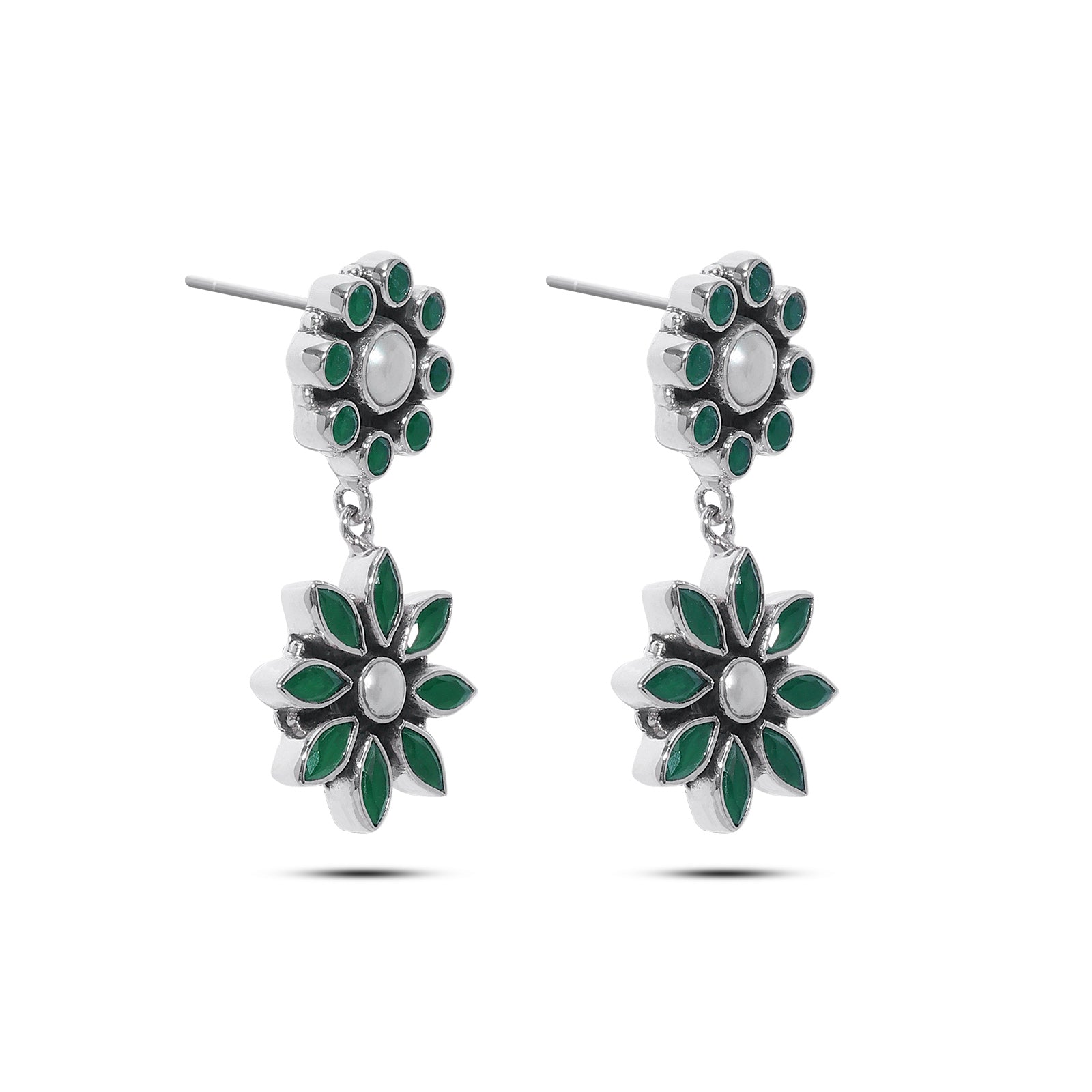 925 silver earrings - Pure Silver Earrings &#8211; Floral Dangle with Pearl and Emerald