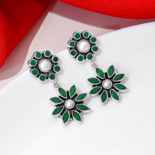 Classic Earrings - Pure Silver Earrings &#8211; Floral Dangle with Pearl and Emerald