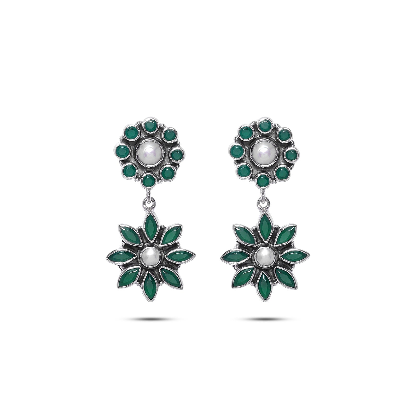 Silver Earrings - Pure Silver Earrings &#8211; Floral Dangle with Pearl and Emerald