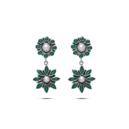 Silver Earrings - Pure Silver Earrings &#8211; Floral Dangle with Pearl and Emerald