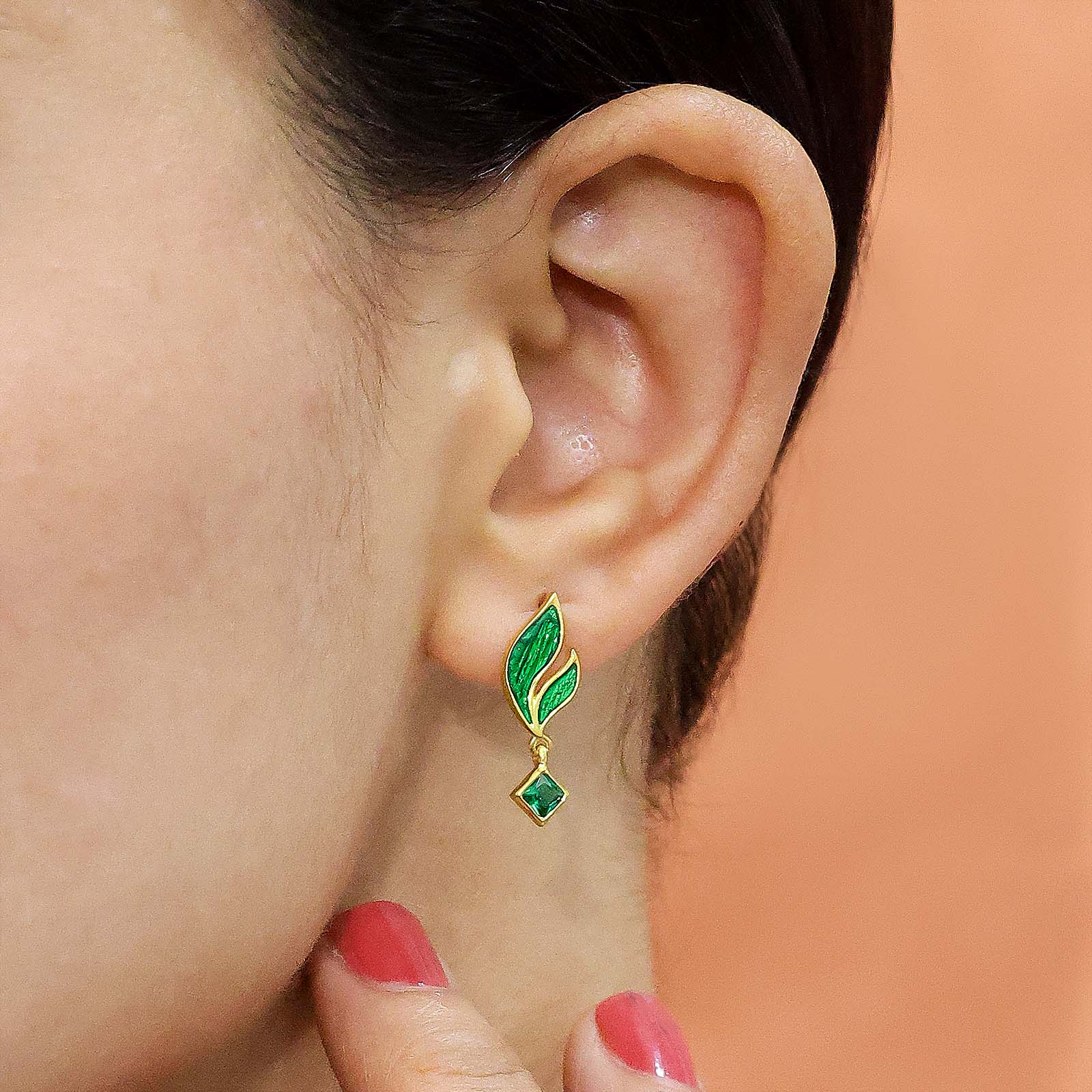 925 silver earrings - Pure Silver Earrings &#8211; Golden Leaf with Emerald Drops