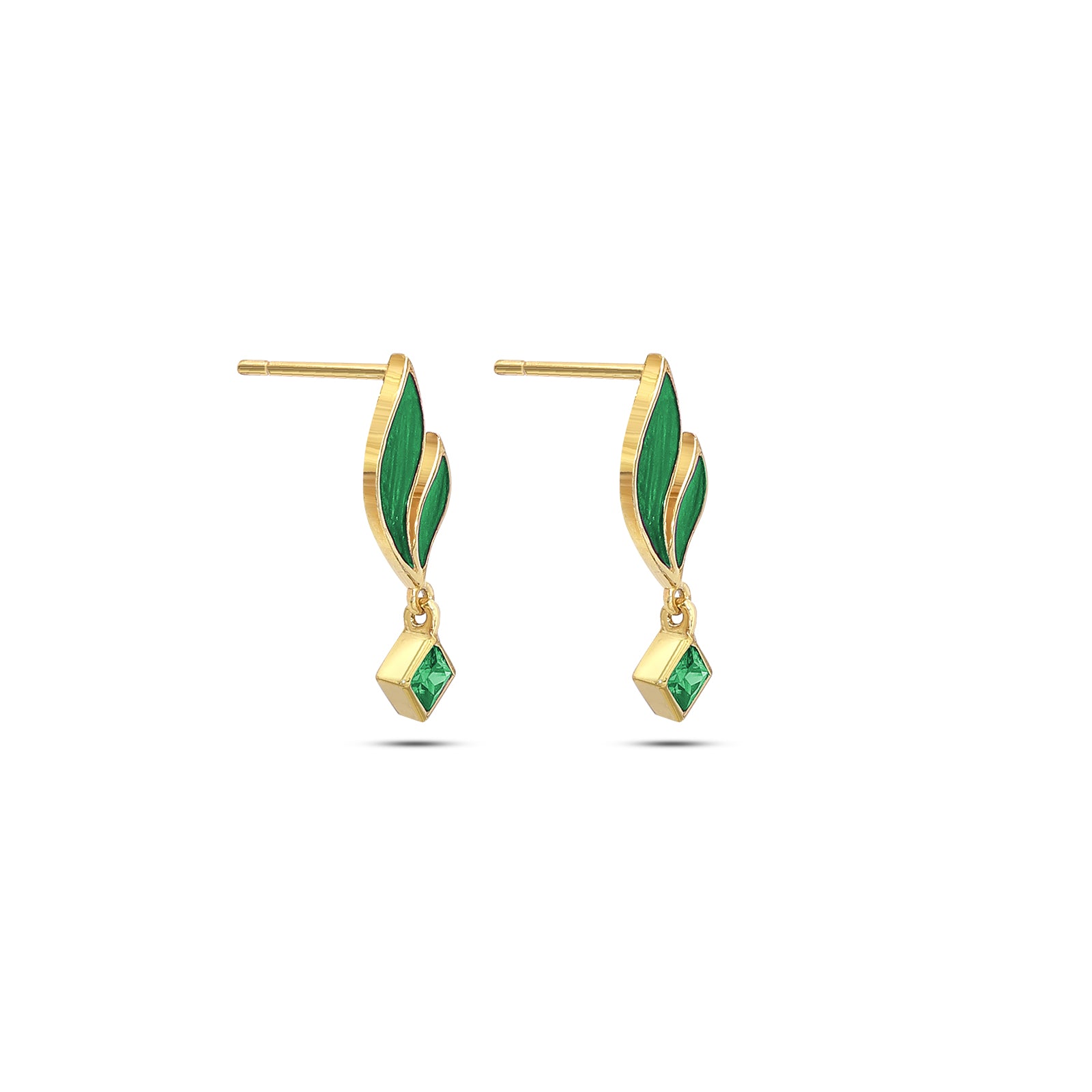 229 - Pure Silver Earrings &#8211; Golden Leaf with Emerald Drops