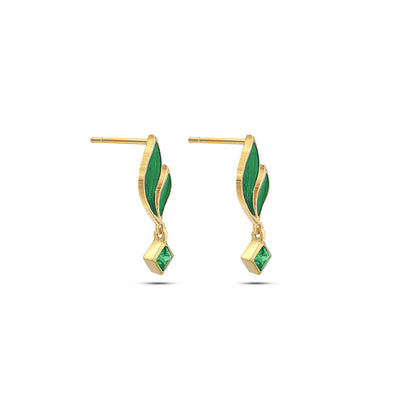229 - Pure Silver Earrings &#8211; Golden Leaf with Emerald Drops