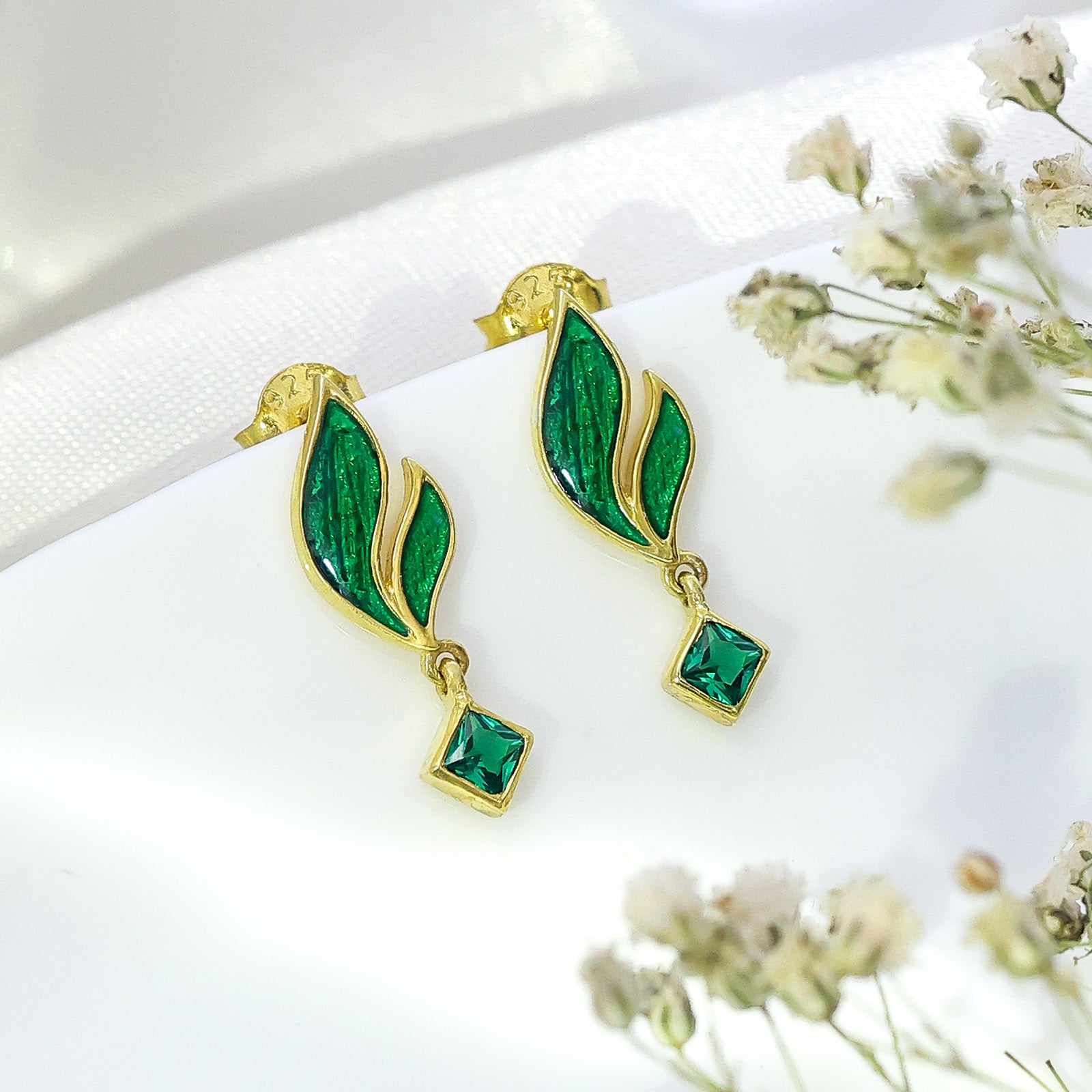 Silver Earrings - Pure Silver Earrings &#8211; Golden Leaf with Emerald Drops