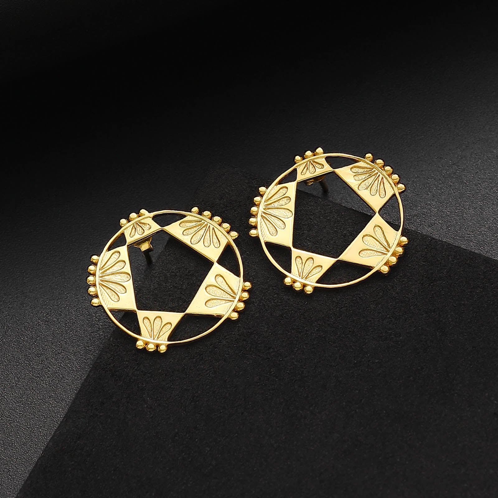Uncategorized - Pure Silver Earrings &#8211; Golden Petal Round-shaped Stud Earrings
