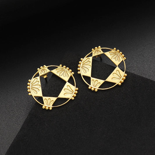 Uncategorized - Pure Silver Earrings &#8211; Golden Petal Round-shaped Stud Earrings