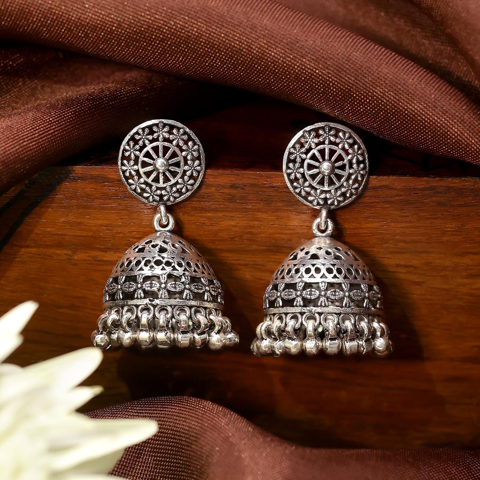 Uncategorized - Pure Silver Earrings &#8211; Jhumka With Blossom Charm