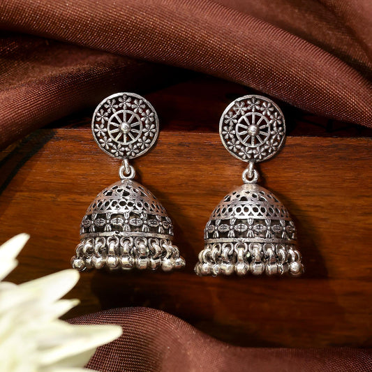 Uncategorized - Pure Silver Earrings &#8211; Jhumka With Blossom Charm