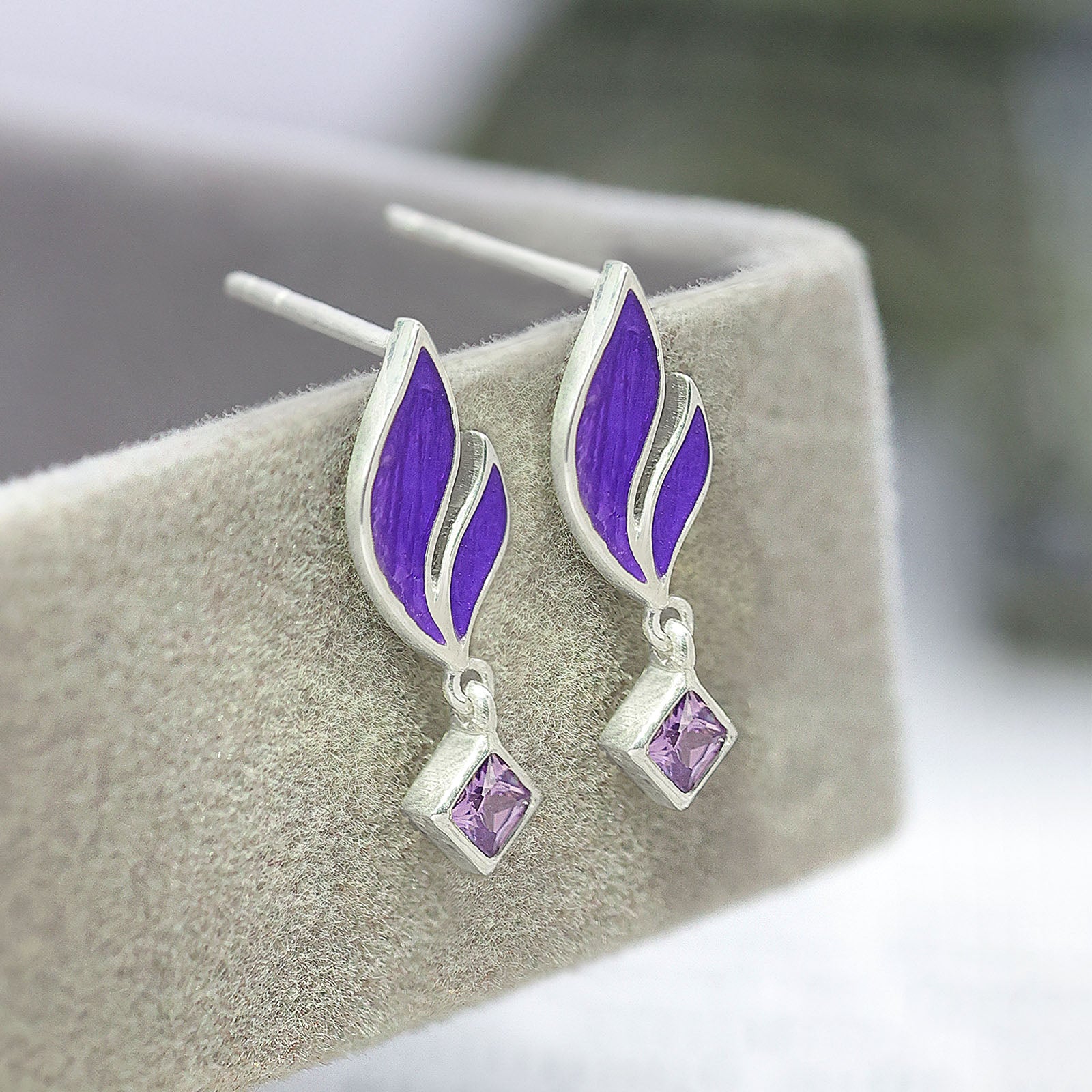 Silver Earrings - Pure Silver Earrings &#8211; Luxe Leaf with Purple Amethyst