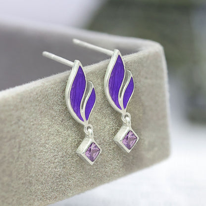 Silver Earrings - Pure Silver Earrings &#8211; Luxe Leaf with Purple Amethyst