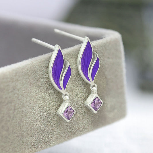 Silver Earrings - Pure Silver Earrings &#8211; Luxe Leaf with Purple Amethyst