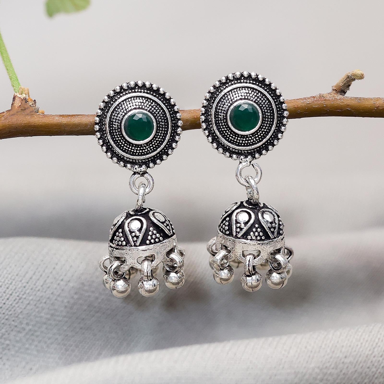 Uncategorized - Pure Silver Earrings &#8211; Oxidised Filigree Jhumka Accenting Emeralds