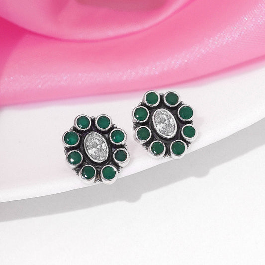 Silver Earrings - Pure Silver Earrings &#8211; Oxidized Oval With Emerald Fittings