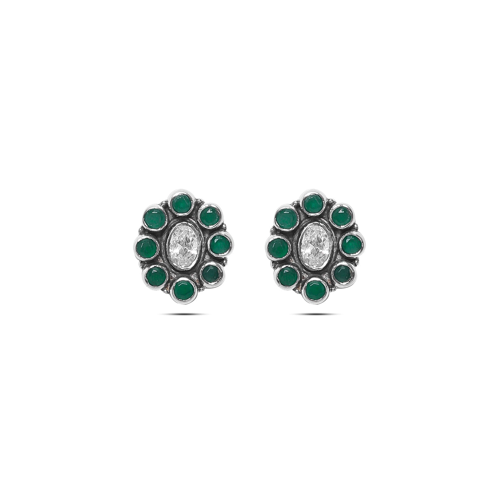 Silver stud - Pure Silver Earrings &#8211; Oxidized Oval With Emerald Fittings