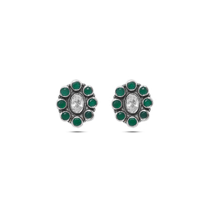 Silver stud - Pure Silver Earrings &#8211; Oxidized Oval With Emerald Fittings