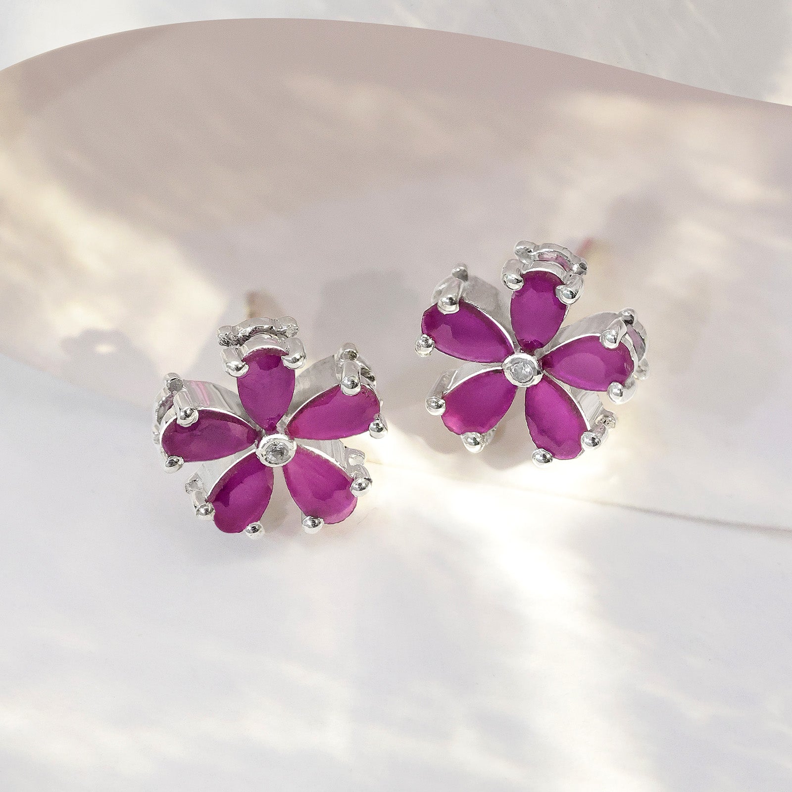 Silver Earrings - Pure Silver Earrings &#8211; Pink Ruby With Blossom Petal