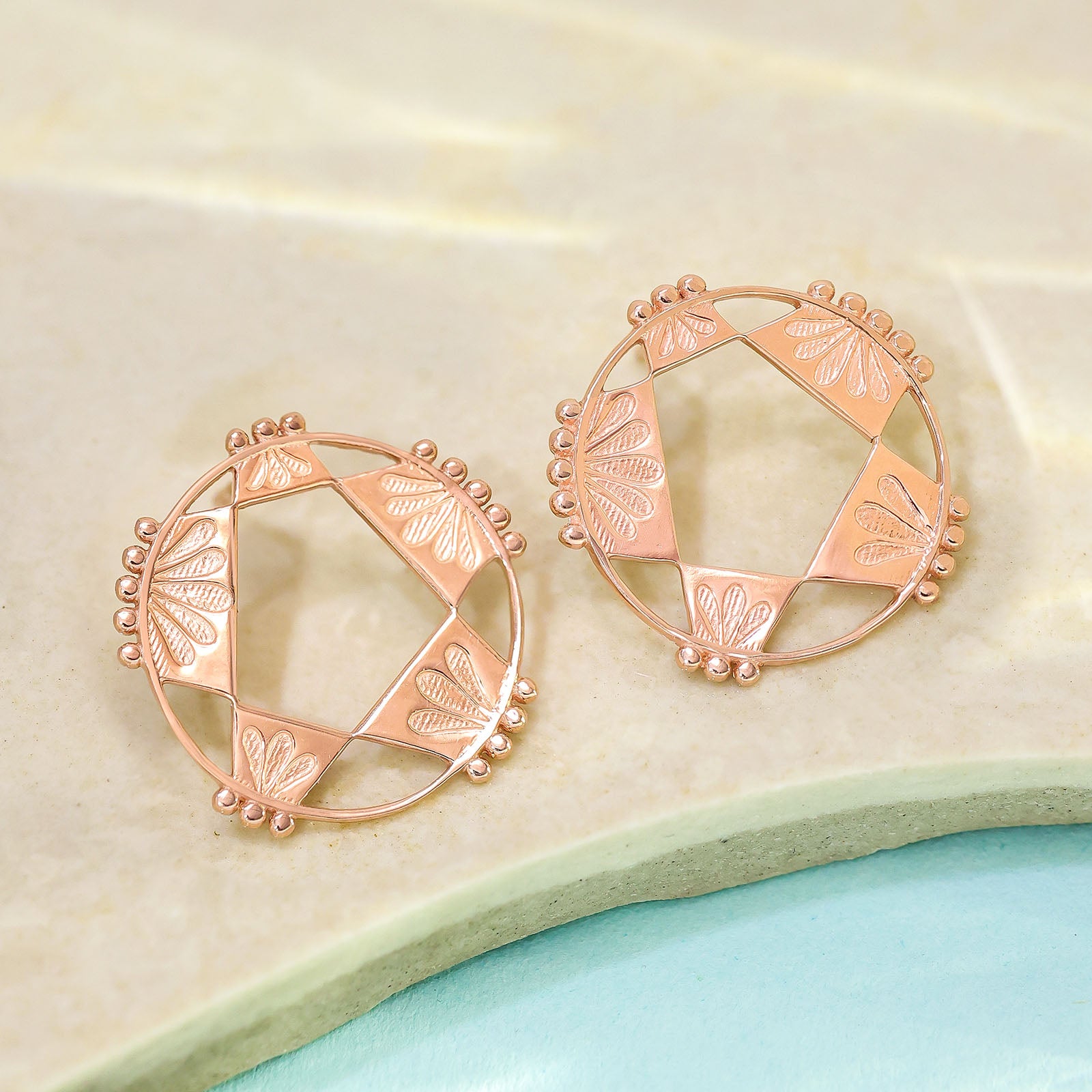 Silver Earrings - Pure Silver Earrings &#8211; Rose Gold Round Star Earrings
