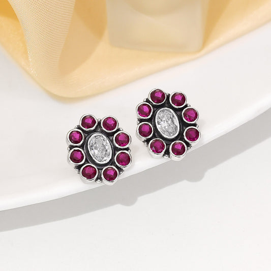 oxidised stud - Pure Silver Earrings &#8211; Ruby Glow Oval with CZ Center