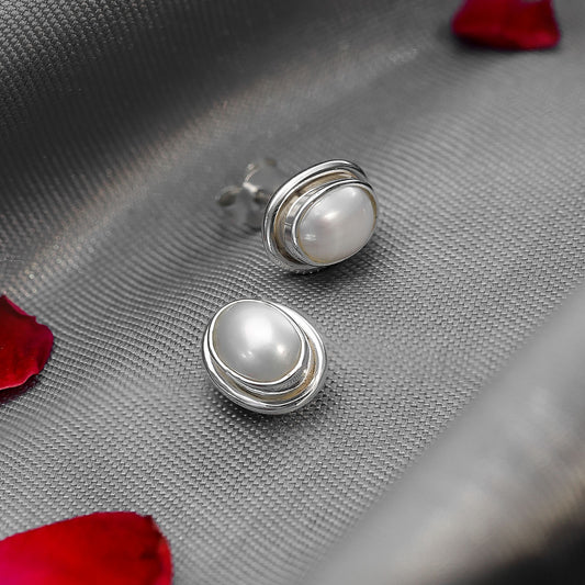 Silver Earrings - Pure Silver Earrings &#8211; Timeless Classic Oval Pearl