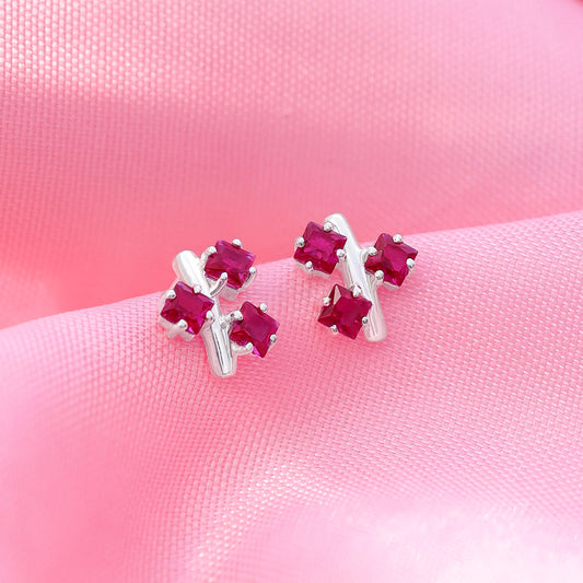 Silver Earrings - Pure Silver Earrings &#8211; Triple Pink Ruby Blossom