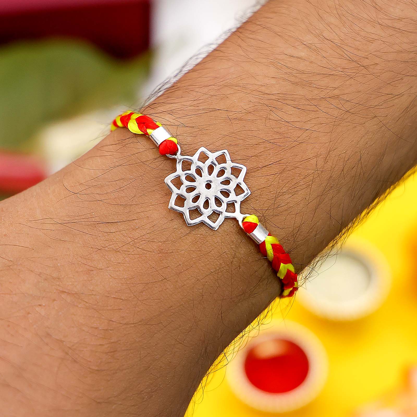 619 - Pure Silver Flower Charm Rakhi &#8211; Elegant Thread Delight