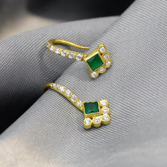 Silver Earrings - Pure Silver Gold Plated Earrings &#8211; Emerald Charm with CZ Fillings