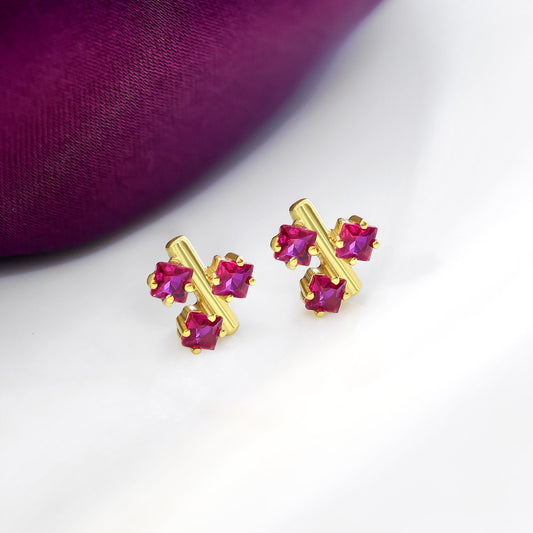 Silver Earrings - Pure Silver Gold Plated Earrings &#8211; Triple Pink Ruby Blossom