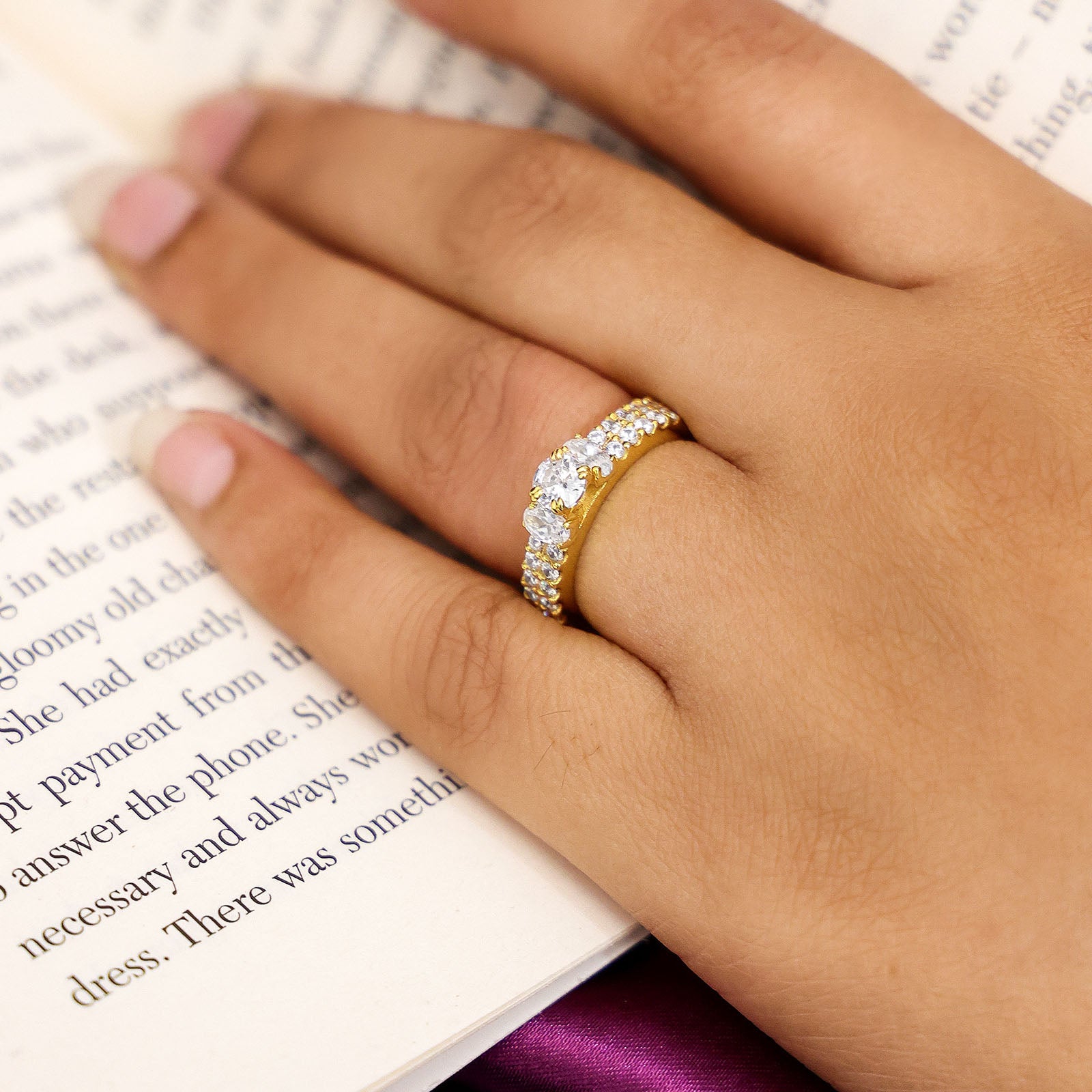824 - Pure Silver gold plated Ring &#8211; Plain Round Delight With Rich Stones