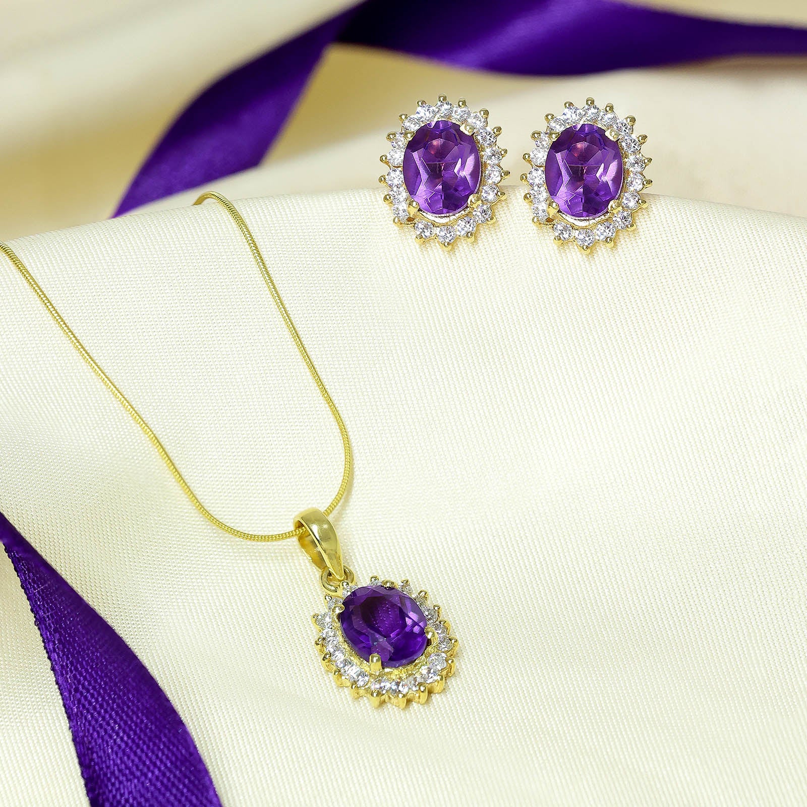 Uncategorized - Pure Silver Jewellery Set &#8211; Amethyst Oval Majesty