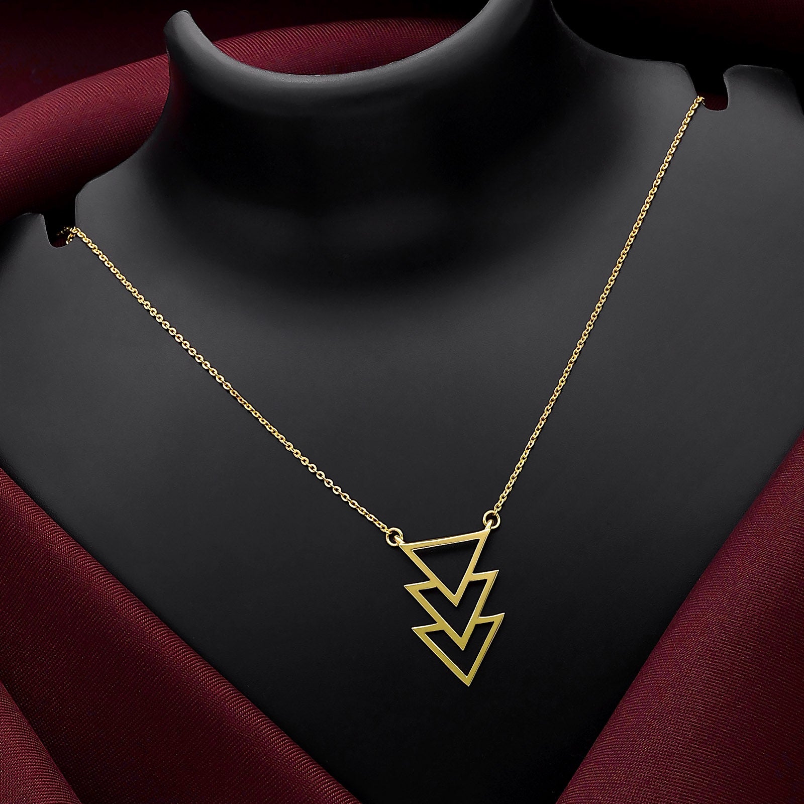 Uncategorized - Pure Silver Necklace &#8211; Golden Triple Triangle Chevron Necklace