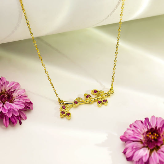 Uncategorized - Pure Silver Necklace &#8211; Leafy Gold-Plated Amethyst Pendant