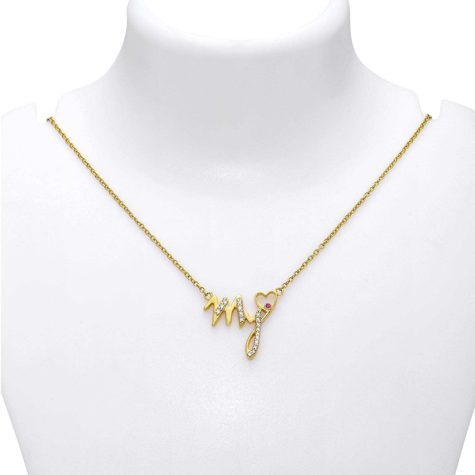 Silver Necklaces - Pure Silver Necklace &#8211; Ruby Heart “My” Gold-plated Pendant Necklace
