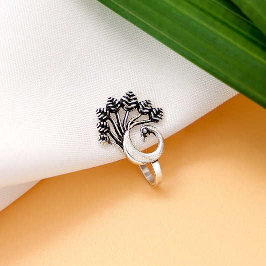 Nose Pins - Pure Silver Nose Ring &#8211; Majestic Plumage of Oxidised Peacock