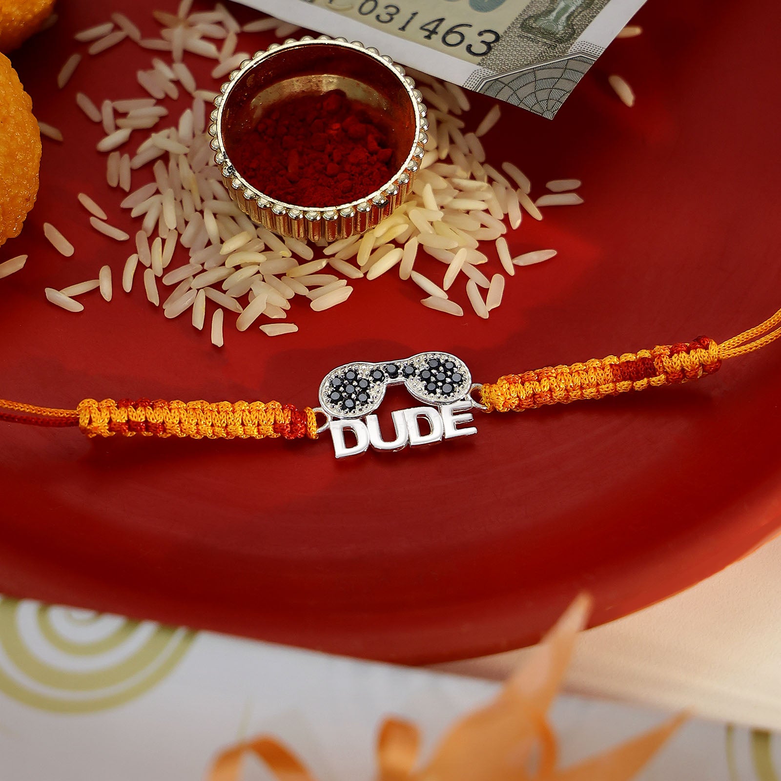 Pure Silver Rakhi - "Dude" style pendant on Multicolor Thread - Tweov Jewels