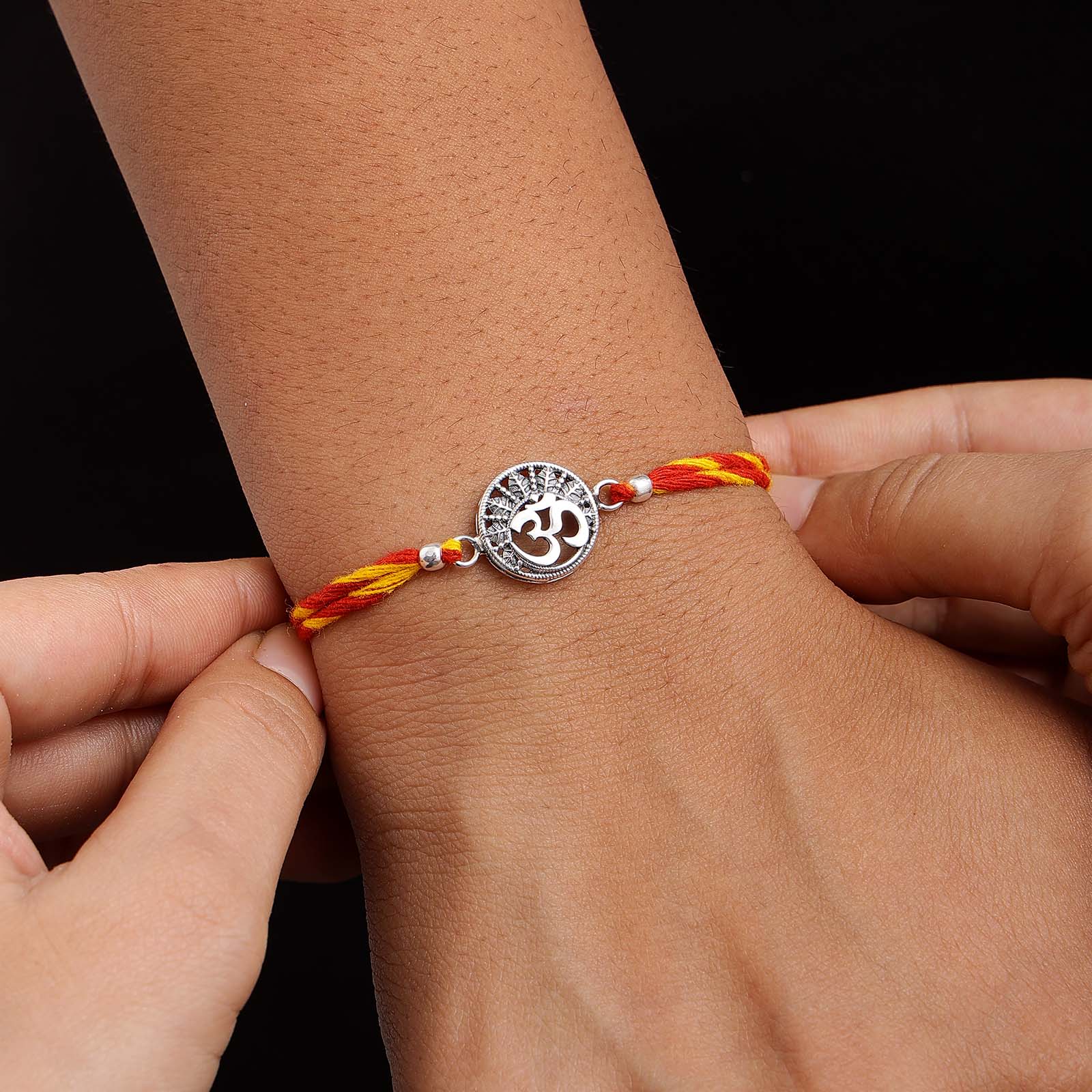 Pure Silver Rakhi - Eternal Serenity of Om with Carved Leaf - Tweov Jewels