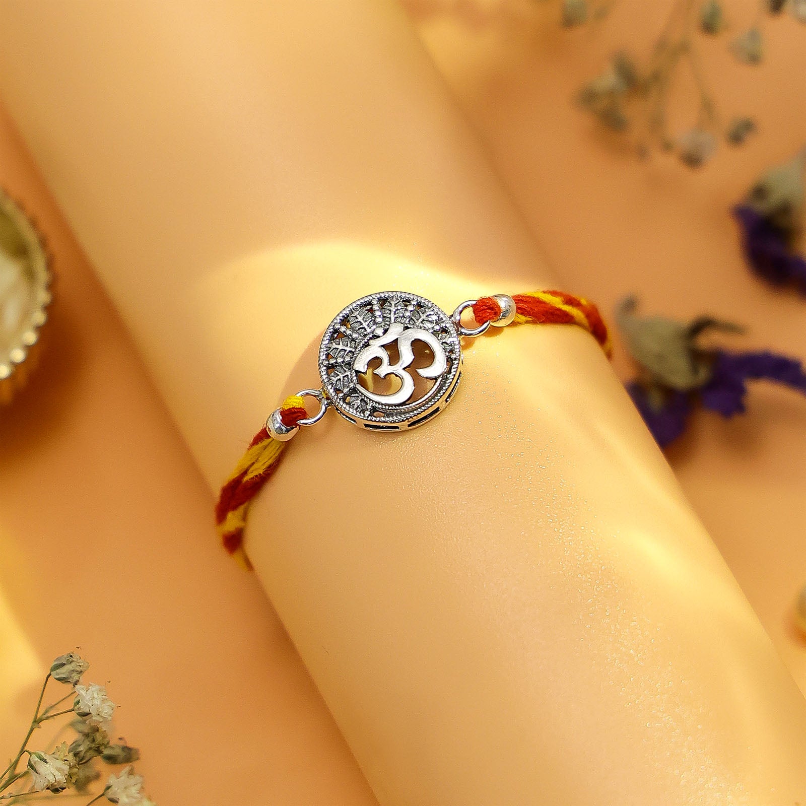 Pure Silver Rakhi - Eternal Serenity of Om with Carved Leaf - Tweov Jewels