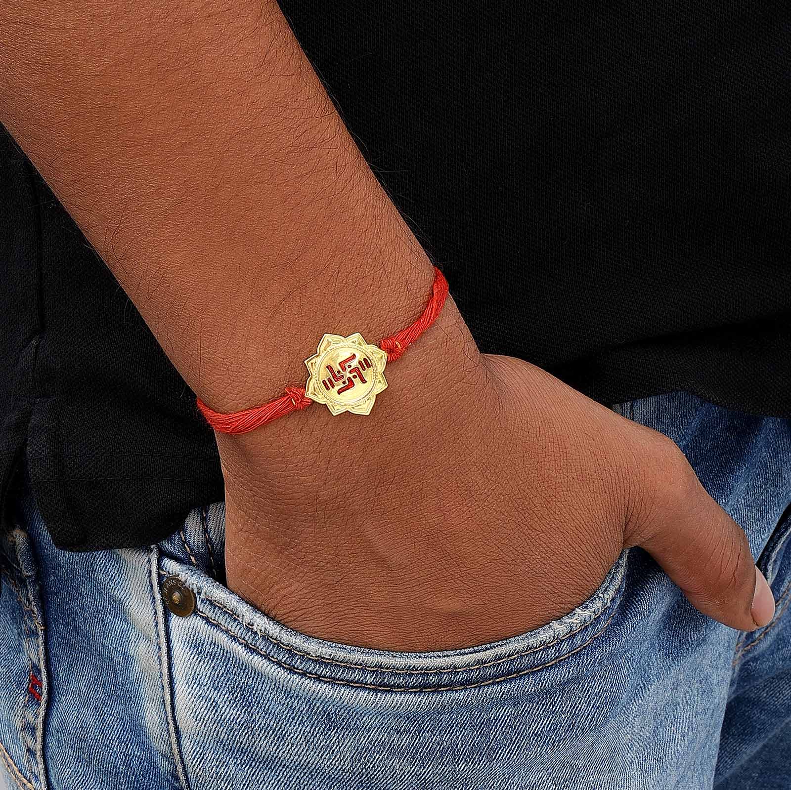 Pure Silver Gold plated Rakhi - Good Fortune and Blessings with Swastik - Tweov Jewels