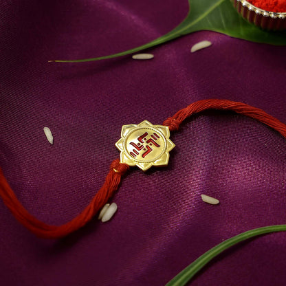 Pure Silver Gold plated Rakhi - Good Fortune and Blessings with Swastik - Tweov Jewels