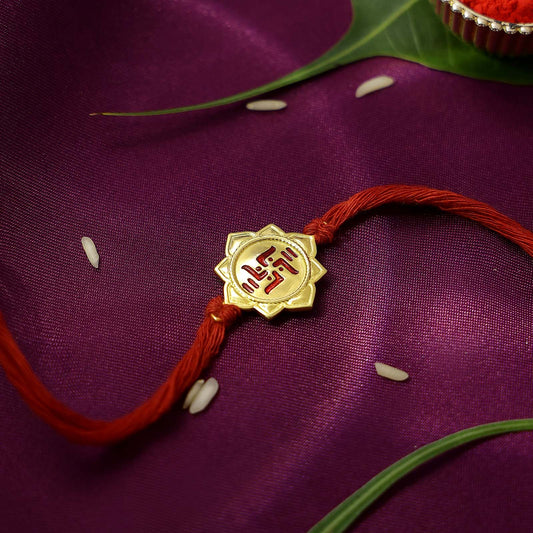 Pure Silver Gold plated Rakhi - Good Fortune and Blessings with Swastik - Tweov Jewels