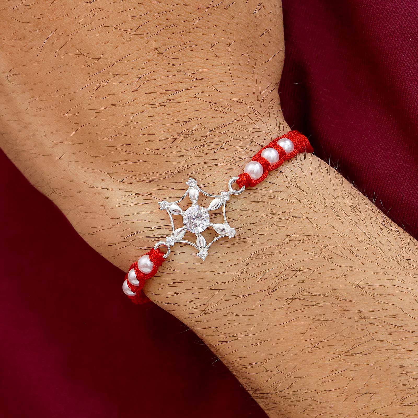 Pure Silver Rakhi - Snowflake With Rich CZ on multicolor thread. - Tweov Jewels