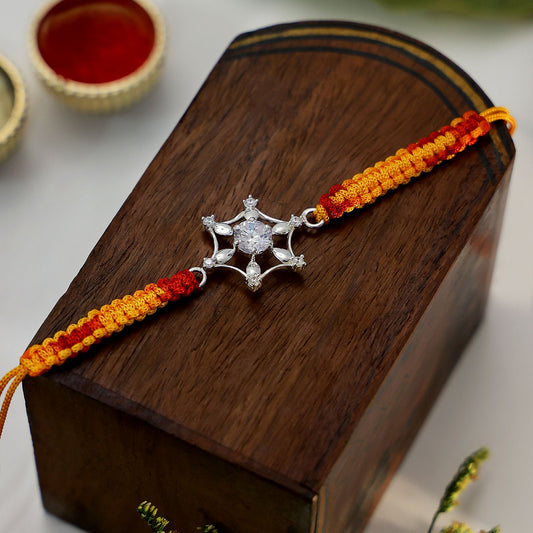 Pure Silver Rakhi - Snowflake With Rich CZ on multicolor thread. - Tweov Jewels
