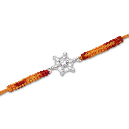 Pure Silver Rakhi - Snowflake With Rich CZ on multicolor thread. - Tweov Jewels