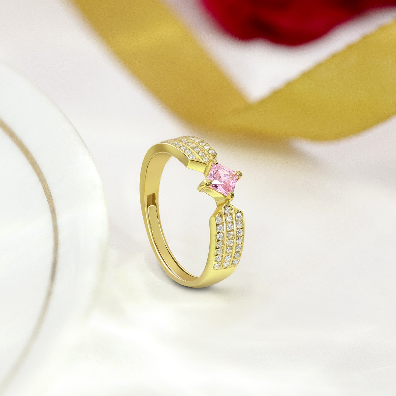Silver Rings - Pure Silver Ring &#8211; Adjustable Model With Pink &amp; CZ Gems