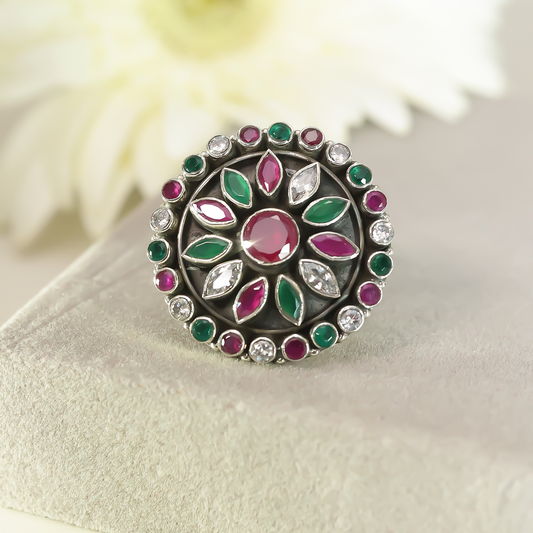 Uncategorized - Pure Silver Ring &#8211; Garden of Emerald and Ruby Sparkle