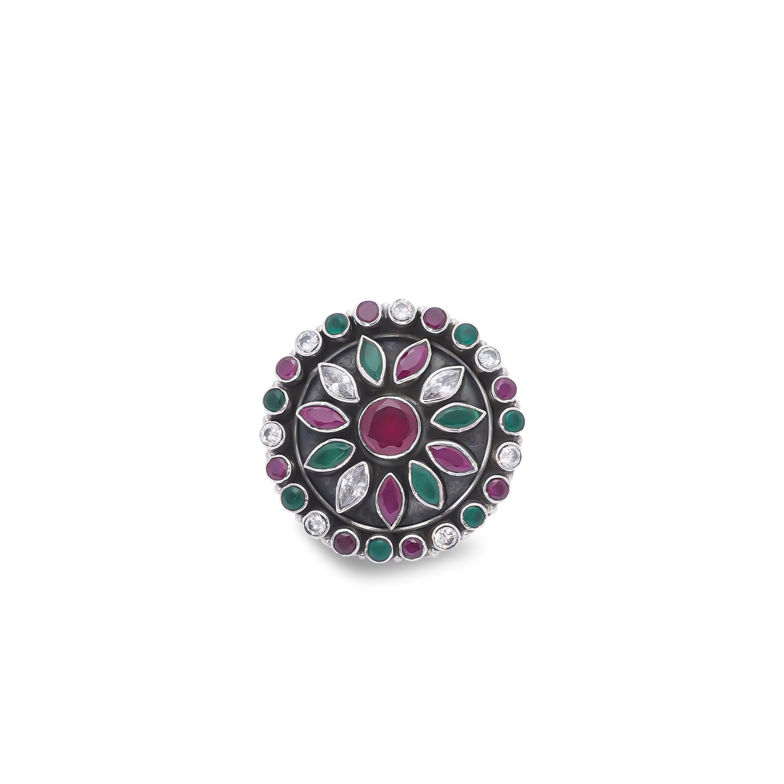 Uncategorized - Pure Silver Ring &#8211; Garden of Emerald and Ruby Sparkle