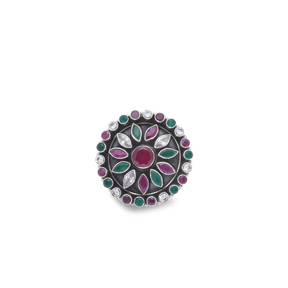 Uncategorized - Pure Silver Ring &#8211; Garden of Emerald and Ruby Sparkle