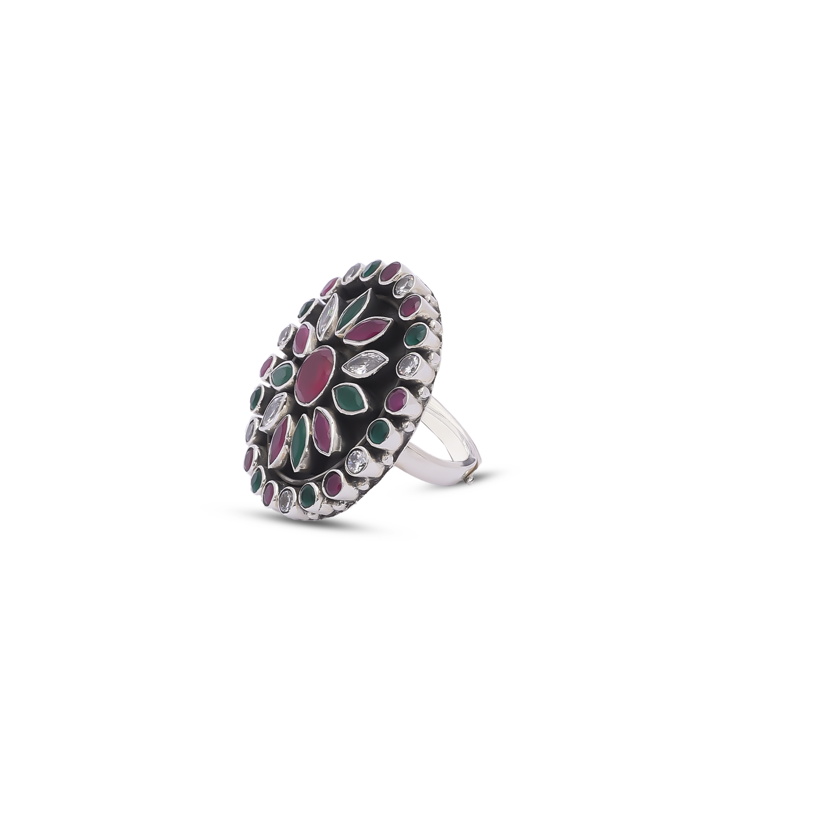 Uncategorized - Pure Silver Ring &#8211; Garden of Emerald and Ruby Sparkle