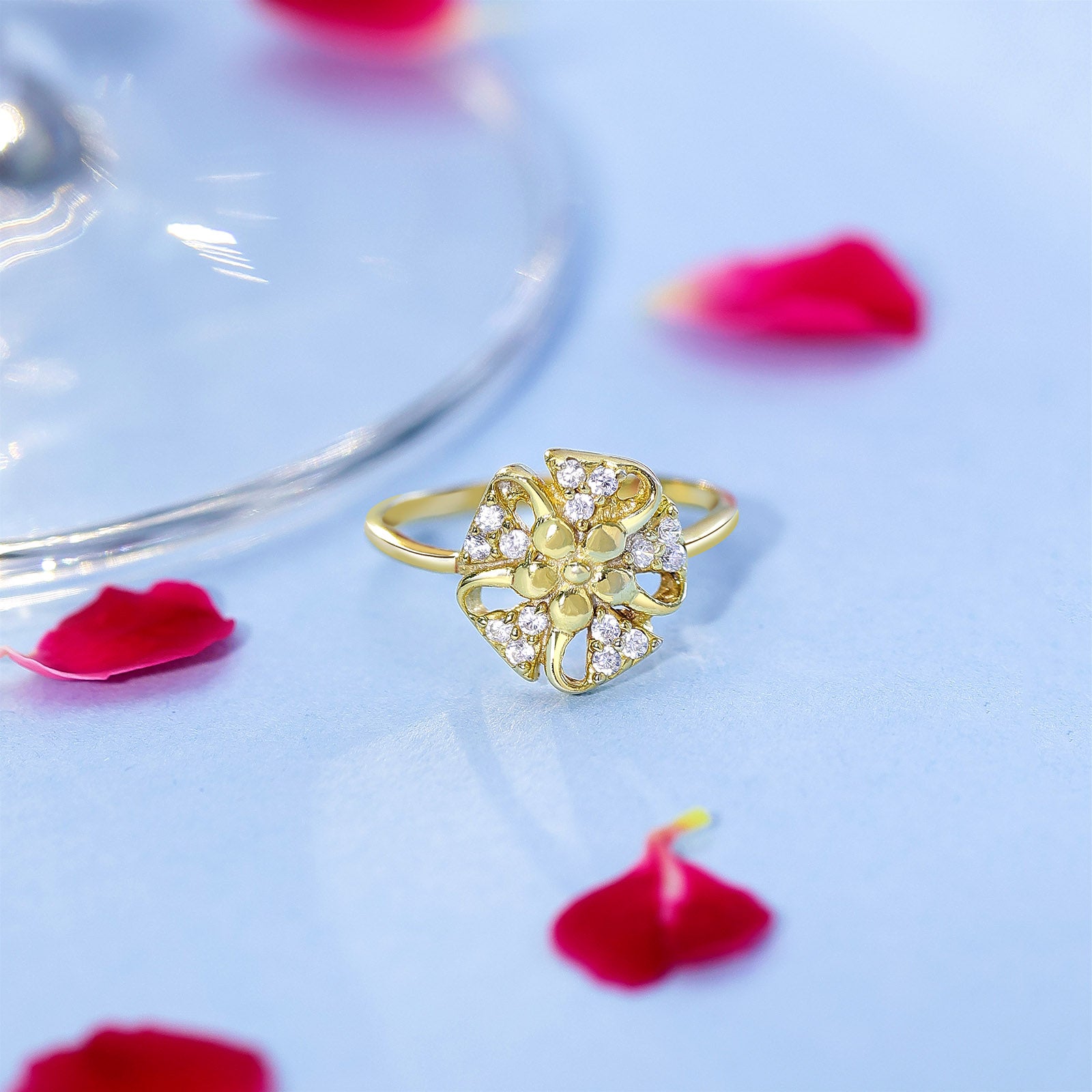Silver Rings - Pure Silver Ring &#8211; Golden Blossom of CZ Sparkles
