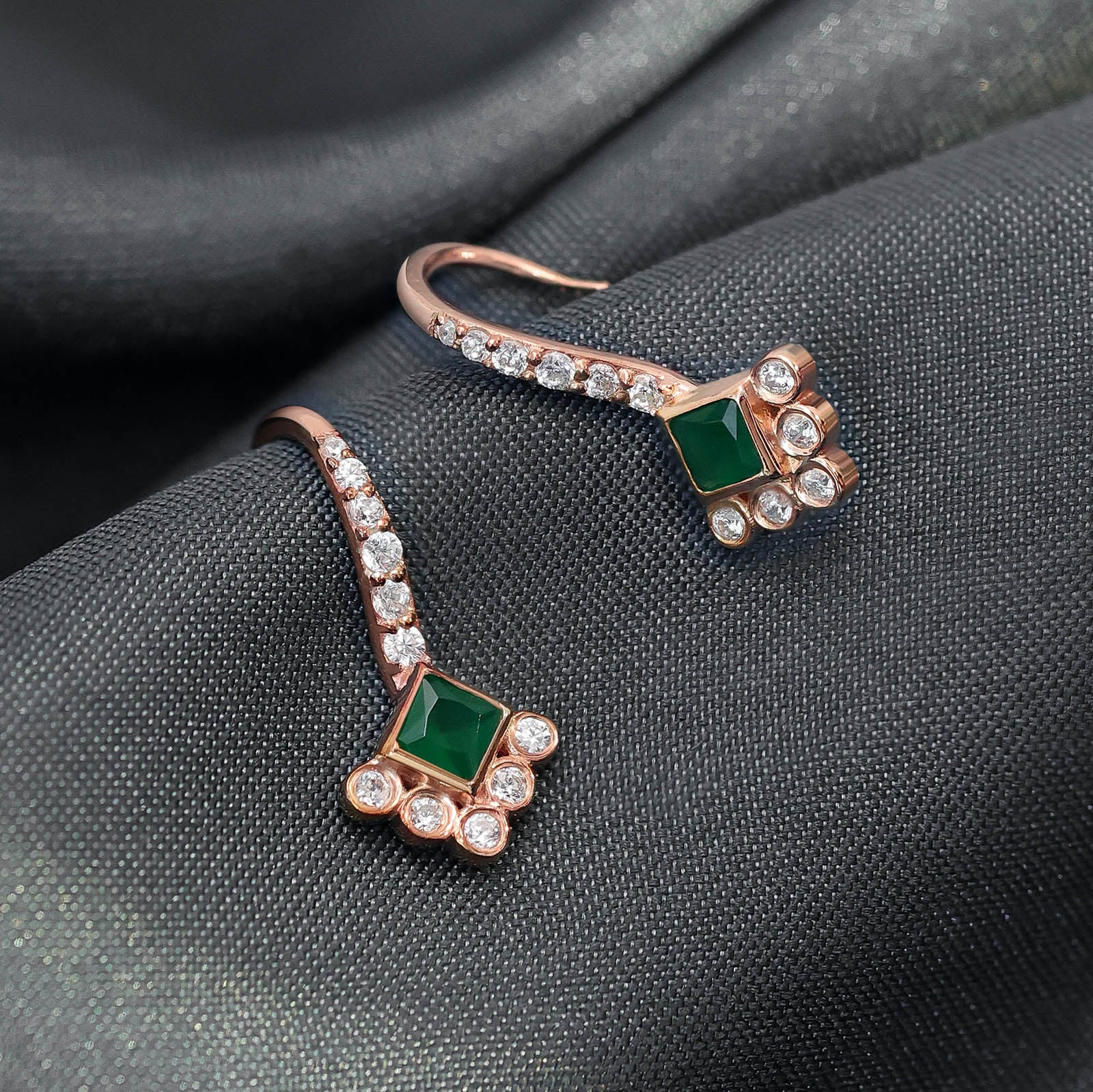 Silver Earrings - Pure Silver Rose Gold Earrings &#8211; Emerald Charm with CZ Fillings