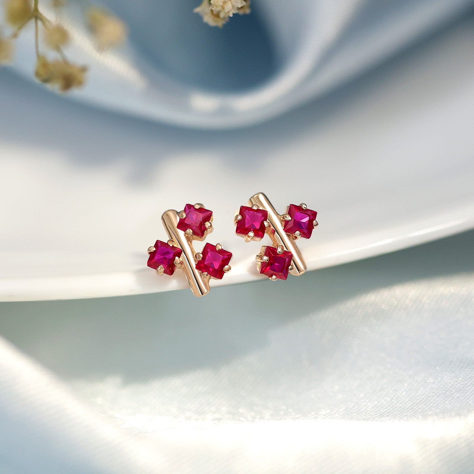 Silver Earrings - Pure Silver Rose Gold  Earrings &#8211; Triple Pink Ruby Blossom